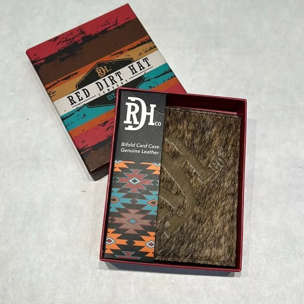 NEW Red Dirt Hat Co Logo Natural Brindle Hair On Leather Bifold Card Case Wallet